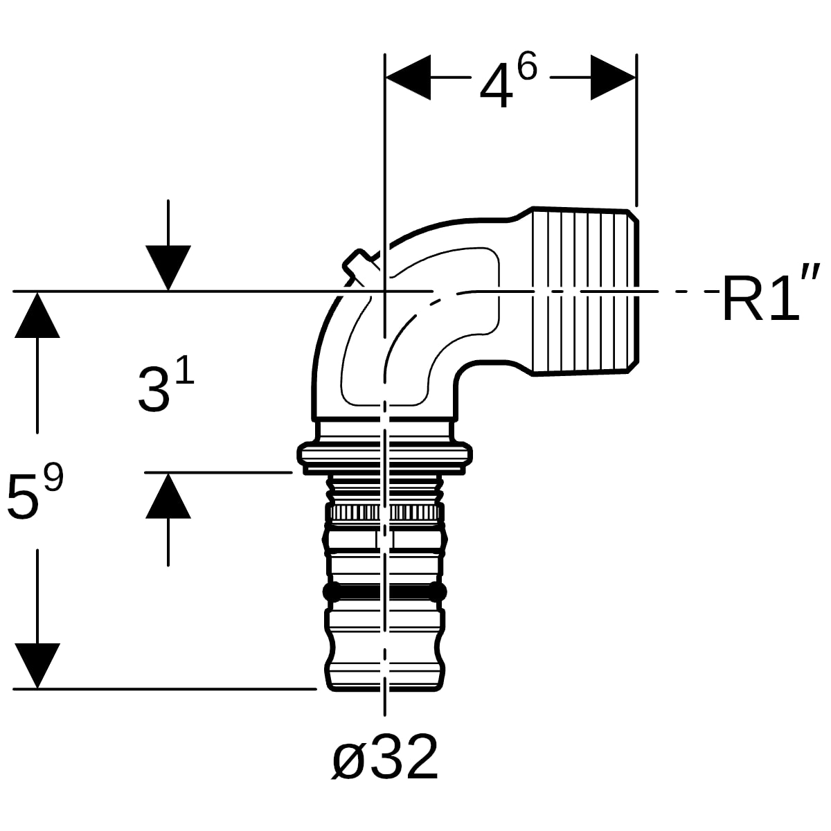 Geberit Mepla Übergangsbogen 90 Grad mit AG Rotguss d32-R1 604.254.00.5