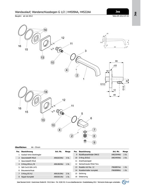 Ideal Standard JADO Rosette JES, quadratisch, Auslauf-Wand-Waschtischarmatur, chrom F960897AA