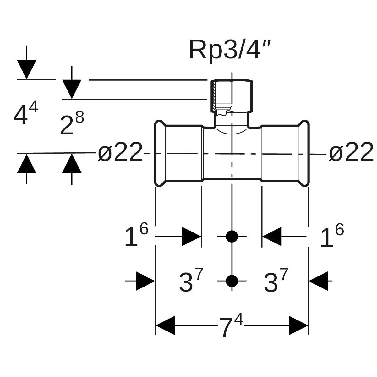 Geberit Mapress C-Stahl T-Stück mit IG d22-Rp3/4-22 verzinkt 21308