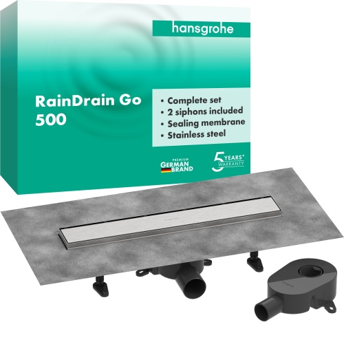 Hansgrohe Komplettset DR RainDrain Go 500 rückseitig befliesbar für Standard-/flache Installation, gebürstet edelstahl 56270800