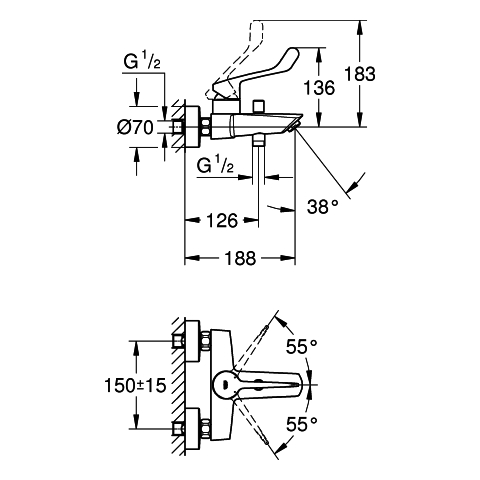 Grohe Eurosmart Einhand-Wannenbatterie chrom Wandmontage langer Hebel 25243003