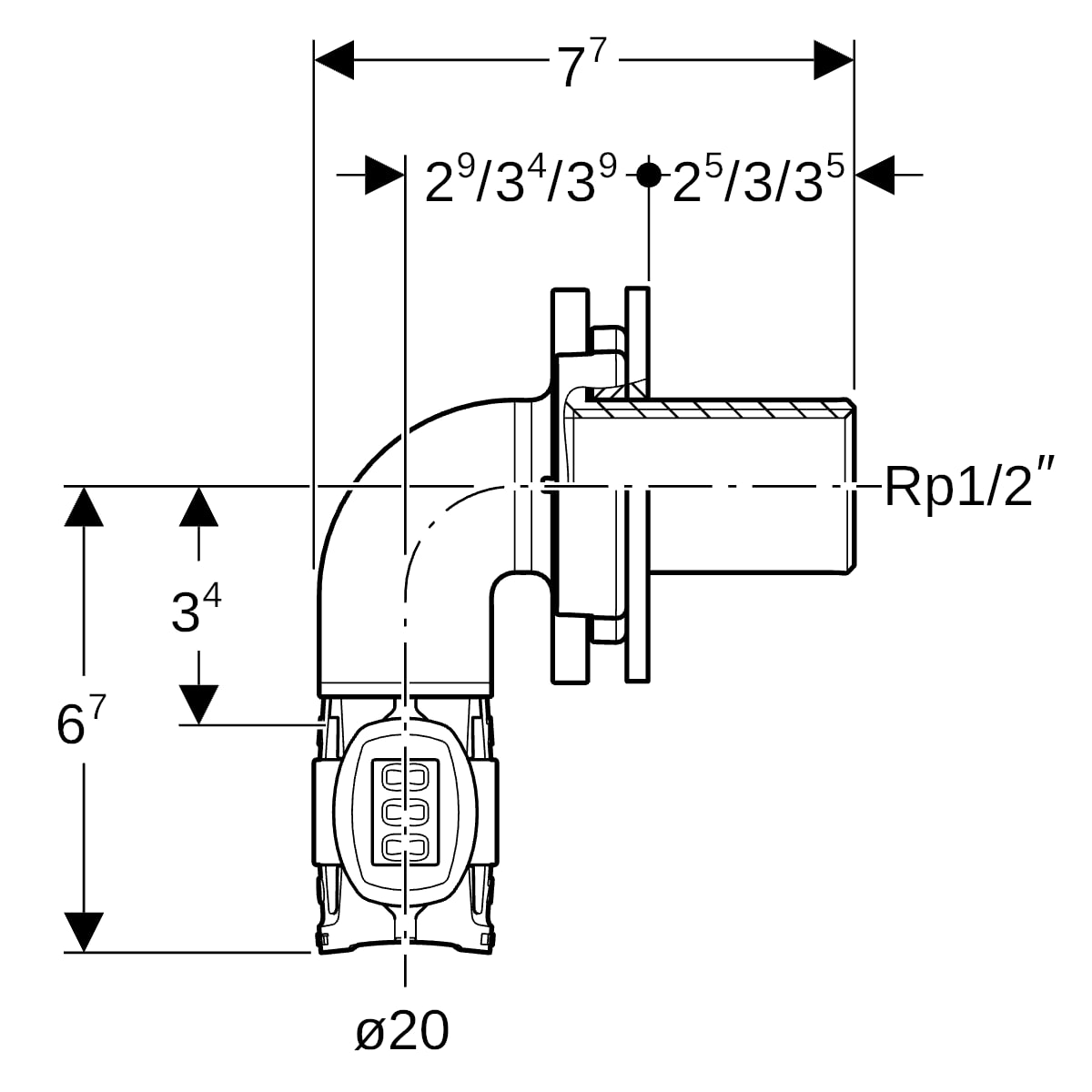 Geberit FlowFit Bogenwanddurchführung 90 Grad RG+ d20-Rp1/2 620.804.00.1
