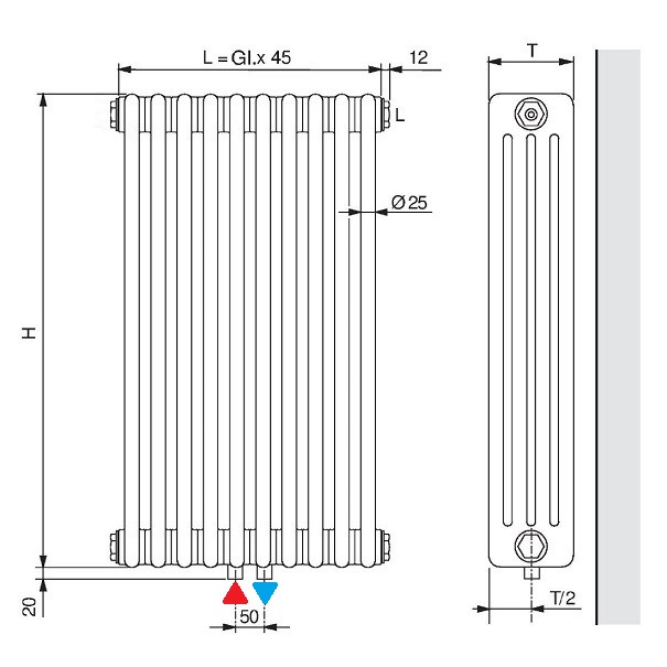 Arbonia Röhrenradiator Standard mit Mittenanschluss 6-Säuler H: 300 L: 45cm, Modell 6300, weiß, 10 Glieder