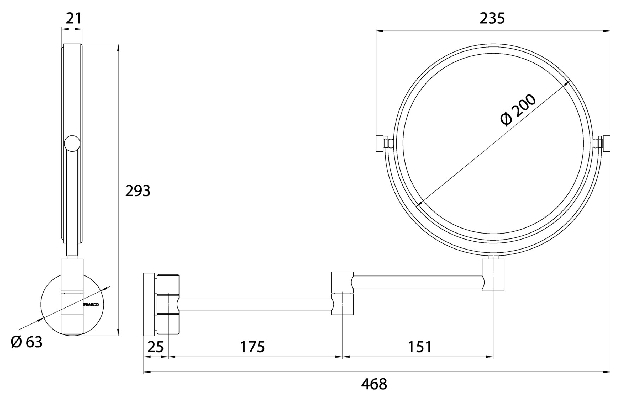 Emco Kosmetikspiegel Pure 3-/1-fach, 2-armig, rund D=200mm 109400110