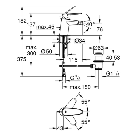 Grohe Eurodisc C Einhand-Bidetbatterie chrom mit Zugstangen-Ablaufgarnitur 33244002