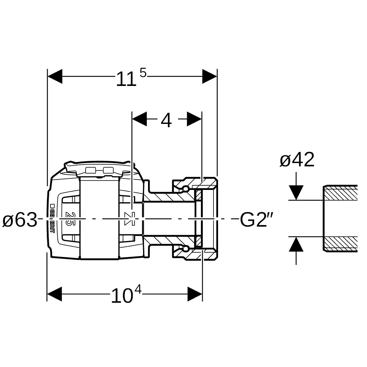 Geberit FlowFit Übergang mit Überwurfmutter SiBr d63-G2 620.626.00.1