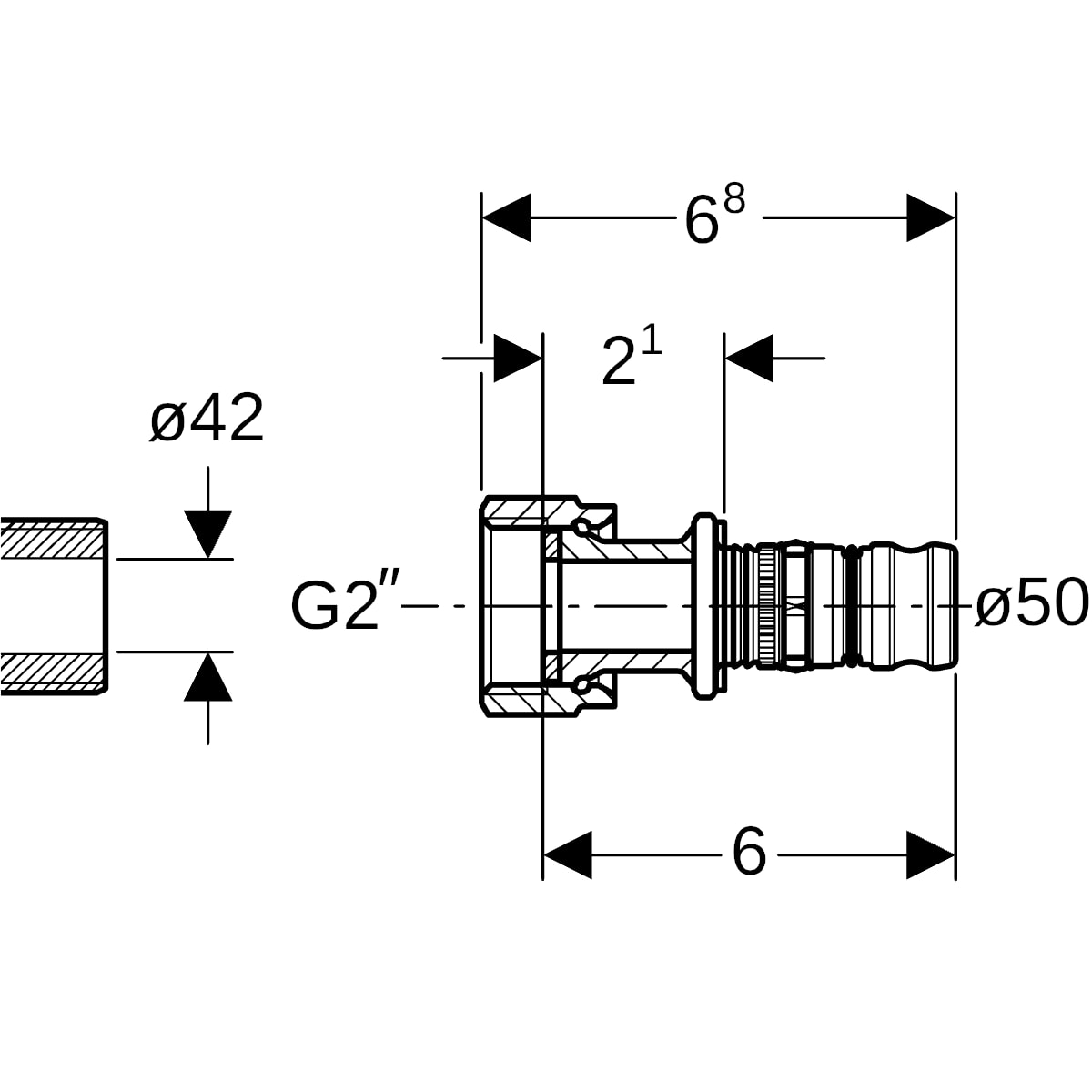 Geberit Mepla Übergang mit Überwurfmutter Rotguss d50-G2 606.581.00.5
