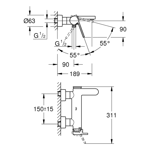 Grohe Plus Einhand-Wannenbatterie supersteel Wandmontage 33553DC3