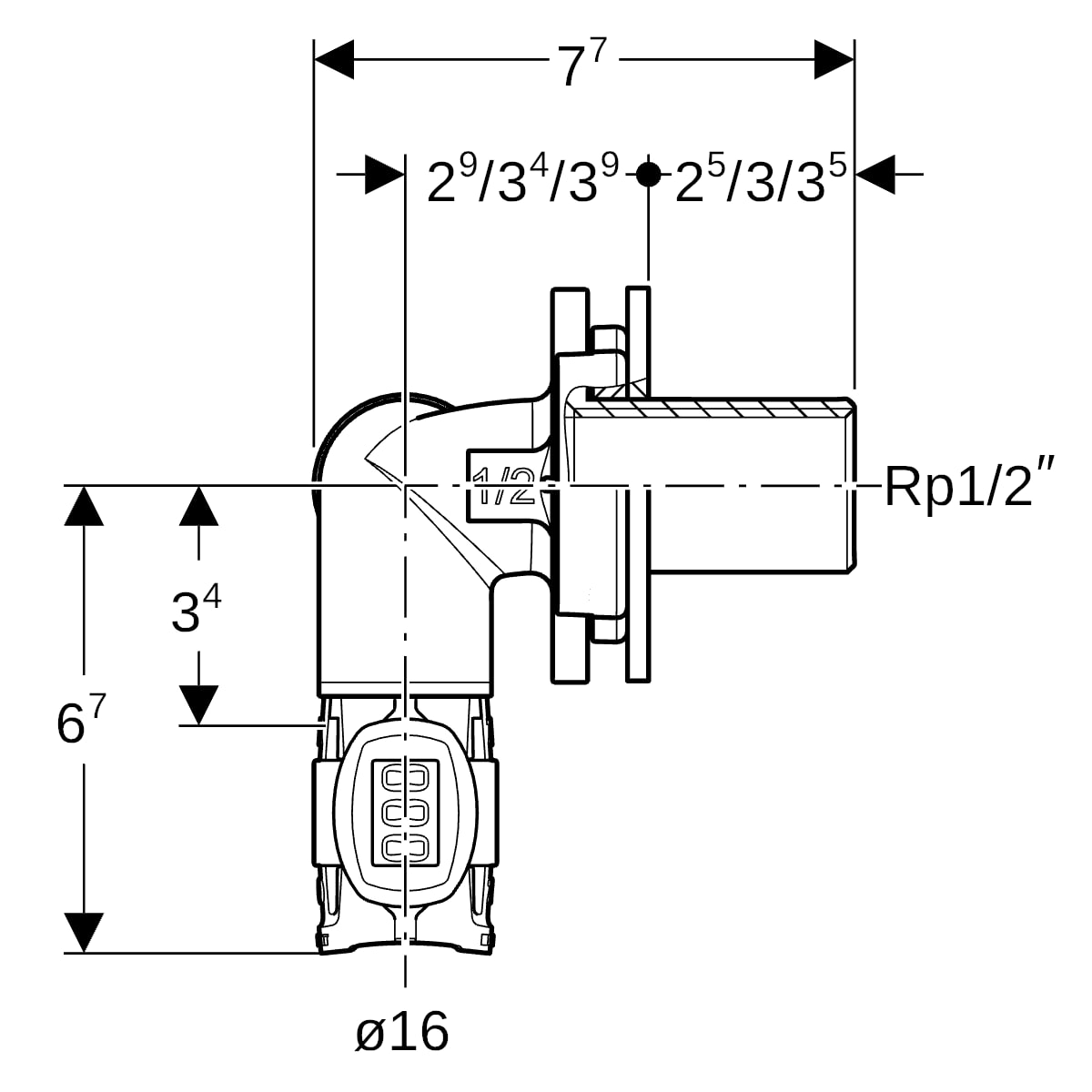 Geberit FlowFit Eckwanddurchführung 90 Grad RG+ d16-Rp1/2-d16 620.822.00.1