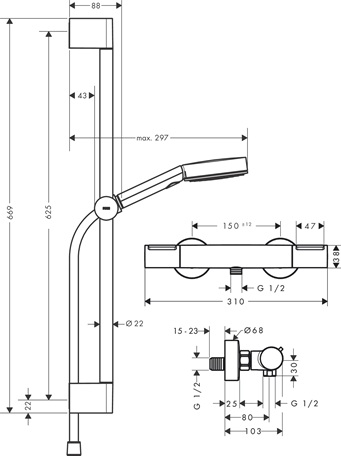Hansgrohe Brausesystem Pulsify Select S 105 3 jet Eco Relaxation Ecostat Element Brausestange 650mm schwarzmatt 24272670