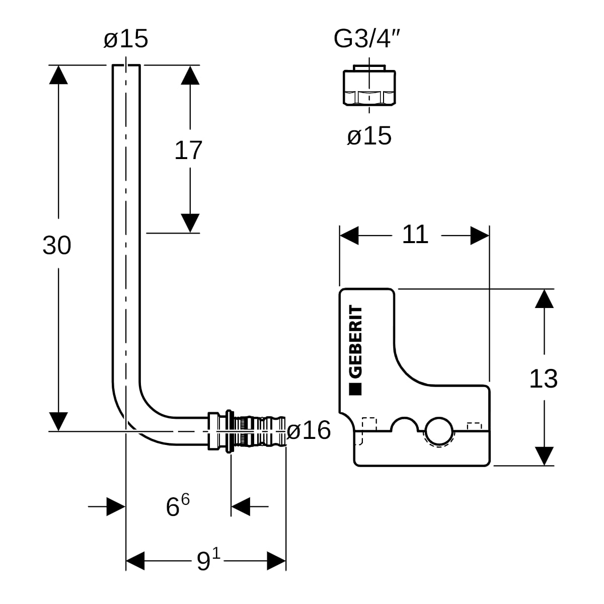 Geberit Mepla Metallrohr-Anschlussbogen 90 Grad mit Anschlussverschraubung d16-15-L30 611.250.22.7