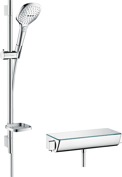 Hansgrohe Brausesystem Aufputz Raindance Select E 120 3jet mit Ecostat Select Thermostat und Brausestange 650mm, Chrom 27038000