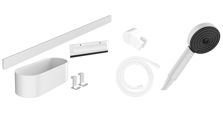 Hansgrohe WallStoris Bundle Handbrause 105 3jet Activation EcoSmart, Wandstange 700mm und Accessoireset, Mattweiß 24291700
