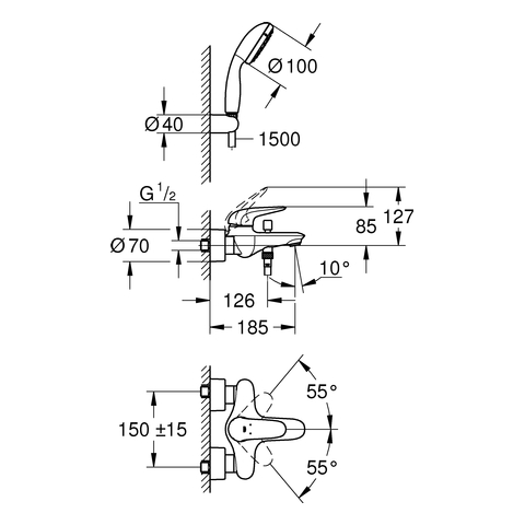 Grohe Eurostyle Einhand-Wannenbatterie chrom mit Wandhalterset Hebel geschlossen 2372930A