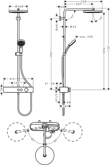 Hansgrohe Showerpipe Pulsify S 260 1 jet EcoSmart mit Brausethermostat Aufputz weiß matt 24221700