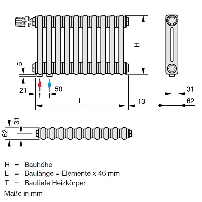 Zehnder Röhrenradiator Charleston Completto 2-Säuler H: 180 L: 101,2cm, Modell 2180-22, weiß ZC124422B1C1000