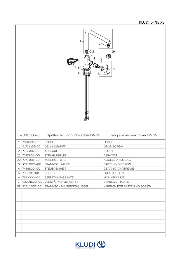 Kludi L-INE XS Eco Spültisch-Einhandmischer kurzer Hebel, chrom 408030578