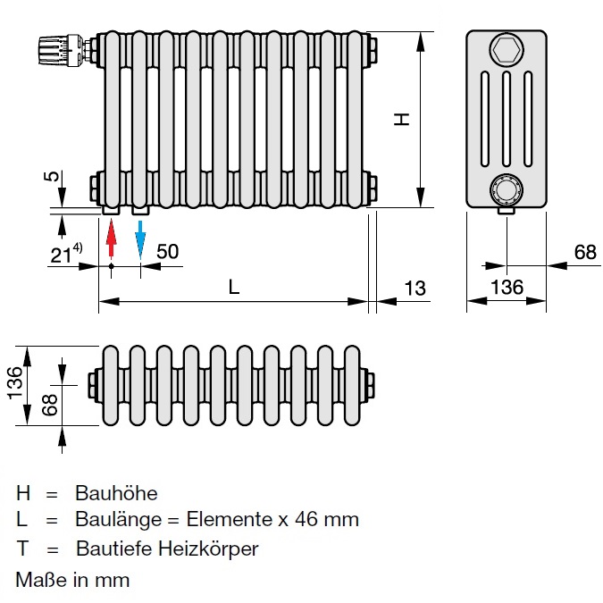 Zehnder Röhrenradiator Charleston Completto 4-Säuler H: 180 L: 101,2cm, Modell 4180-22, weiß ZC144422B1C1000