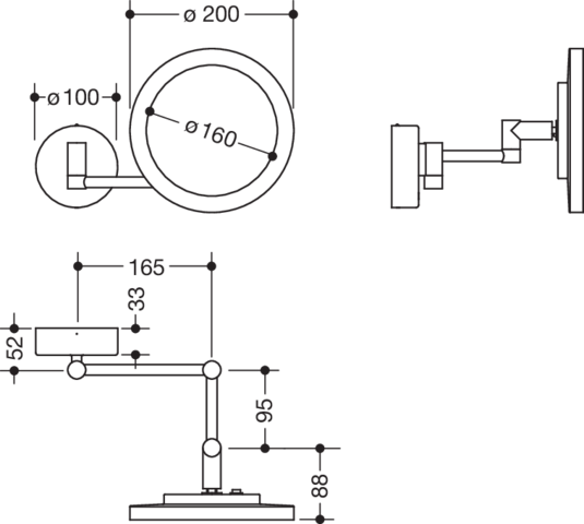 HEWI Kosmetikspiegel, beleuchtet, einseitig konkav, verchromter Metallrahmen, rund, Durchmesser 200mm 950.01.26001