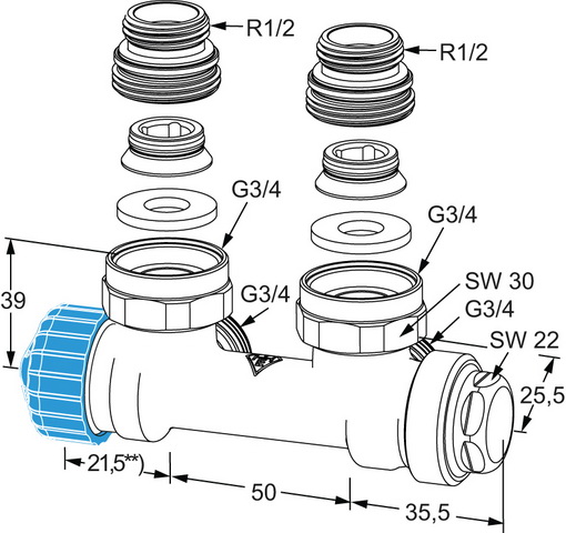 Heimeier Multilux Einrohr Anschlussarmatur Eck 1/2" IG 3855-02.000