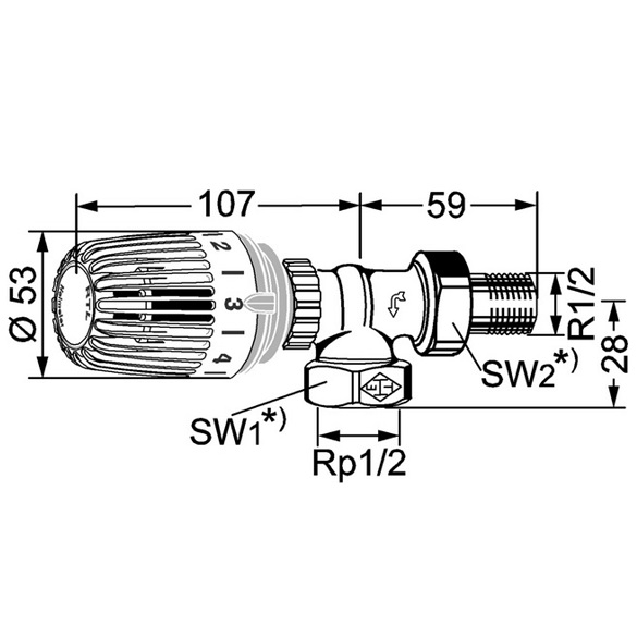 Heimeier Rücklauftemperaturbegrenzer RTL 1/2" Eckform, Außengewinde R1/2 9173-02.800