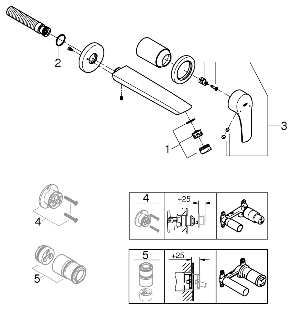 Grohe 2-Loch-Waschtisch-Wandbatterie Eurosmart chrom Fertigmontage-Set für 23571 Ausladung 209mm 29338003