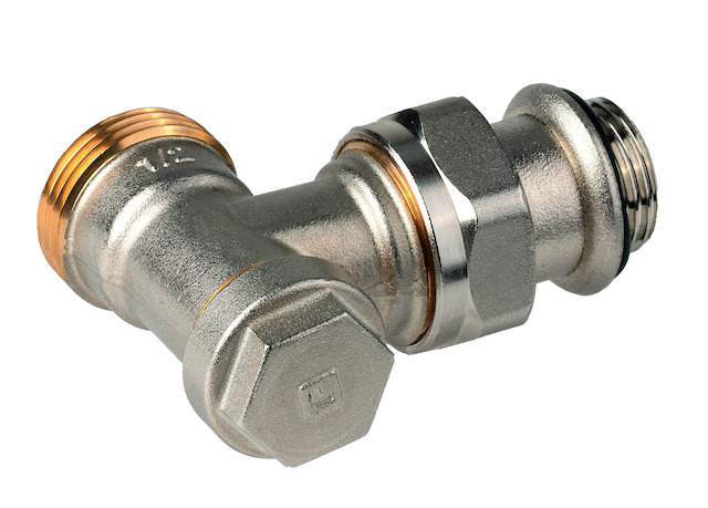 Resideo Rücklaufverschraubung, regelbar, Verafix-E, Eck, DN15, AG 3/4", vernickelt, Weichdichtung V2437E0015