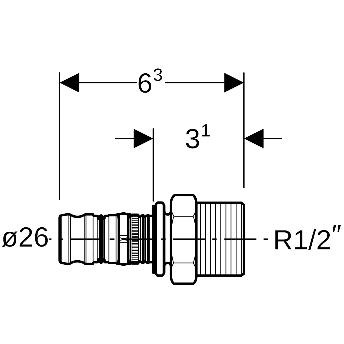 Geberit Mepla Übergang mit AG Rotguss d26-R1/2 603.535.00.5