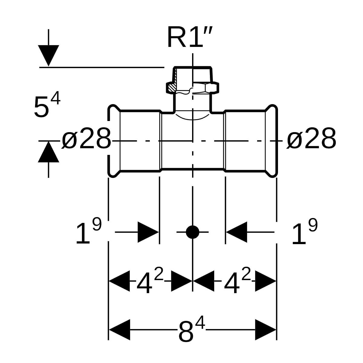 Geberit Mapress Edelstahl T-Stück mit AG d28-R1-28 31461