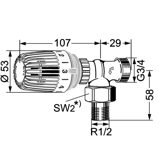 Heimeier Rücklauftemperaturbegrenzer RTL Eckform, Außengewinde G3/4 9153-02.800
