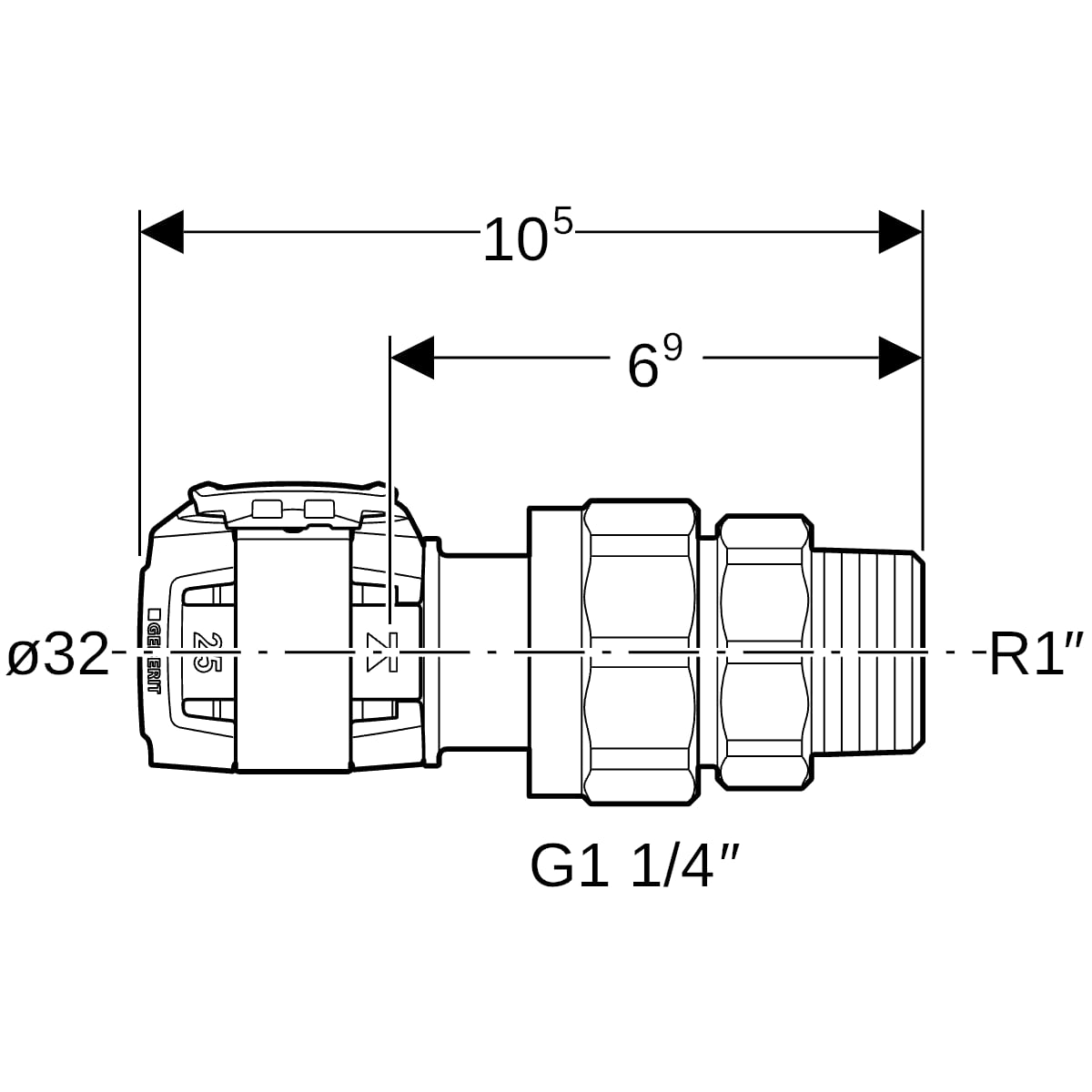 Geberit FlowFit Übergangsverschraubung mit AG SiBr d32-R1 620.583.00.1