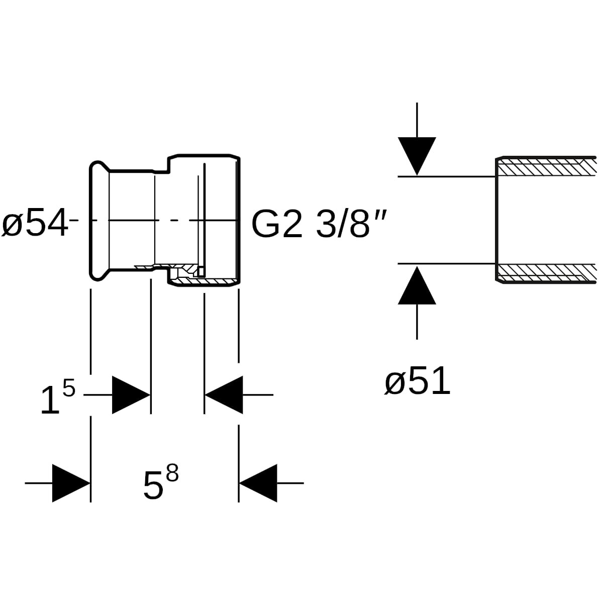 Geberit Mapress Edelstahl Übergang mit Überwurfmutter d54-G2 3/8 35038