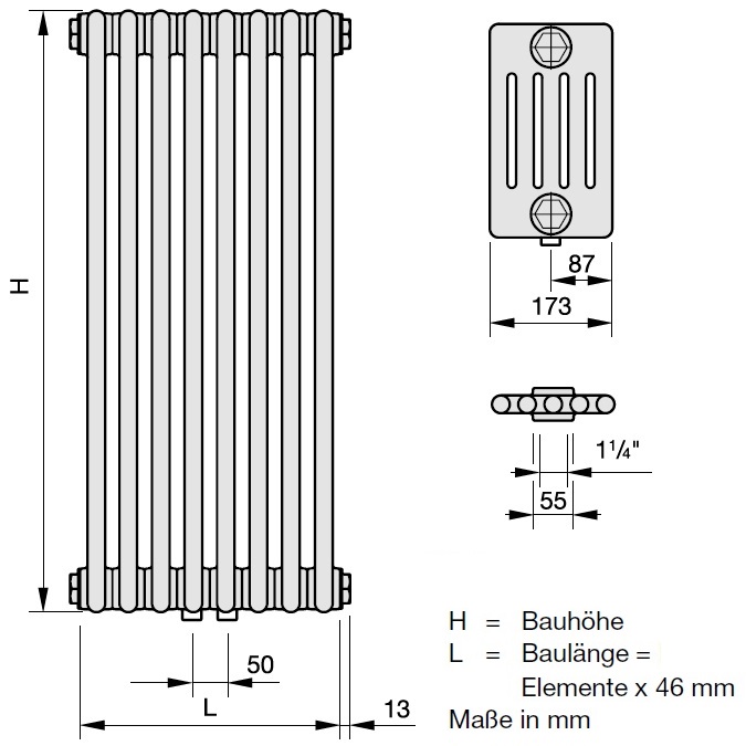 Zehnder Röhrenradiator Charleston 5-Säuler H: 220 L: 101,2cm, Modell 5220-22, weiß  ZC154622B115000