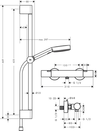 Hansgrohe Brausesystem Pulsify Select S 105 3 jet Eco Relaxation Ecostat Fine Brausestange 650mm schwarzmatt 24262670