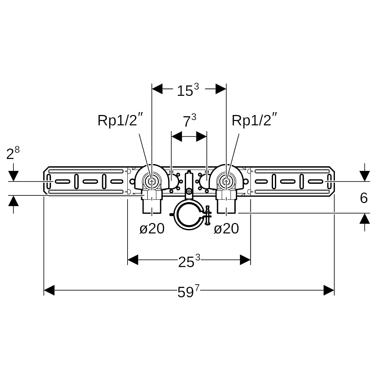 Geberit FlowFit Anschlusswinkel 90 Grad vormontiert zweifach Rg+ d20-Rp1/2 AblRs 619.681.00.1