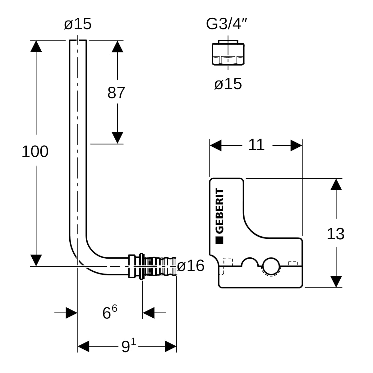 Geberit Mepla Metallrohr-Anschlussbogen 90 Grad mit Anschlussverschraubung d16-15-L100 611.251.22.7