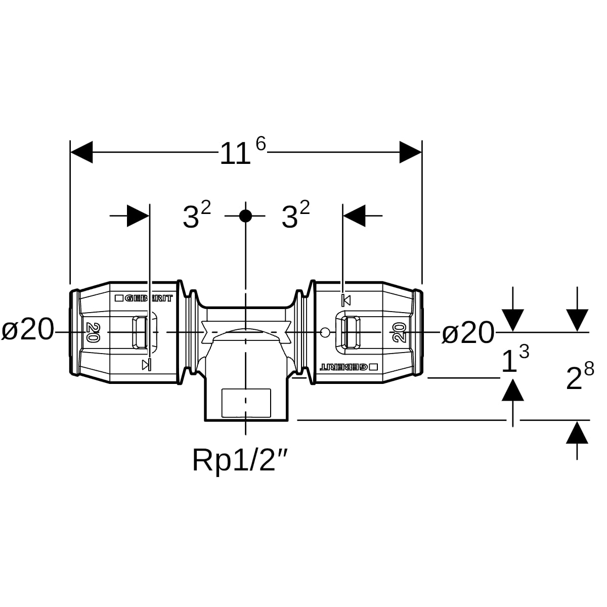 Geberit PushFit T-Stück mit IG Messing d20-Rp1/2-20 651.361.00.1