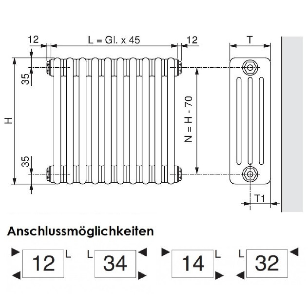 Arbonia Röhrenradiator Standard 3-Säuler H: 120 L: 36cm, Modell 3120, weiß, 8 Glieder