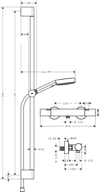 Hansgrohe Brausesystem Pulsify Select S 105 3 jet Eco Relaxation Ecostat Fine Brausestange 900mm schwarzmatt 24261670