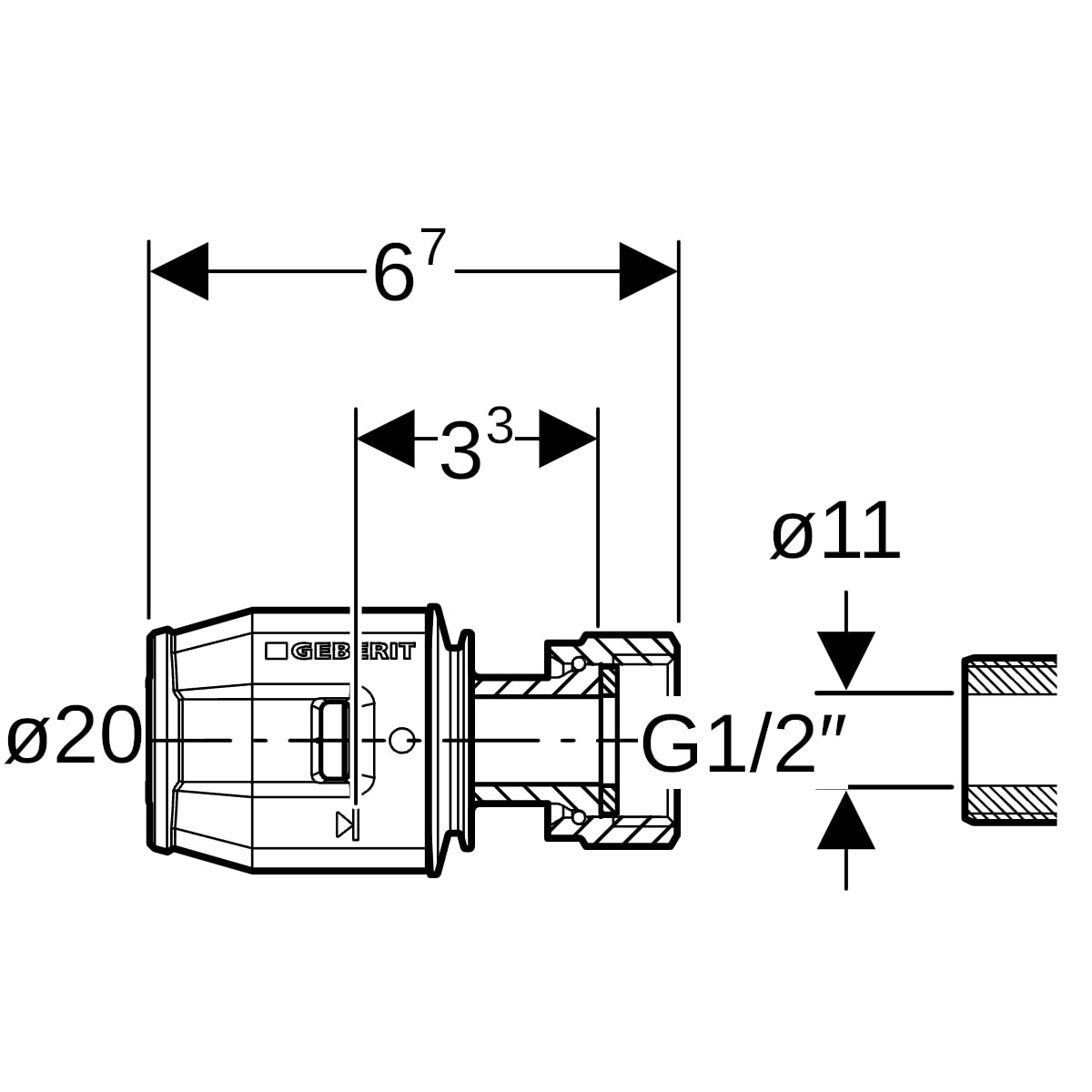 Geberit PushFit Übergang mit Überwurfmutter Rotguss d20-G1/2 651.581.00.1
