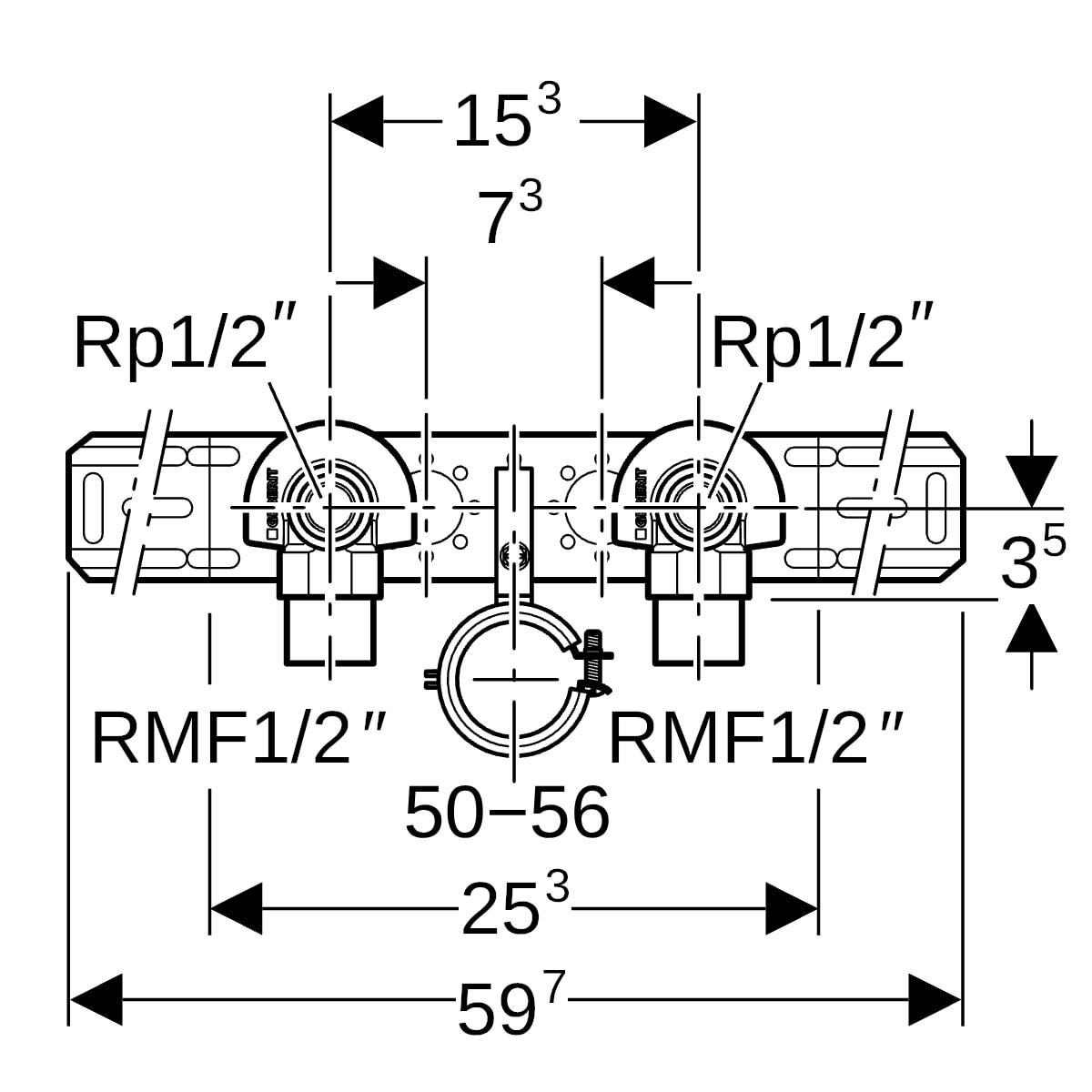 Geberit Anschlusswinkel 90 Grad mit AG MF, AblRS vormontiert 2fach, Rotguss R1/2-Rp1/2 L:52mm 632.871.00.2