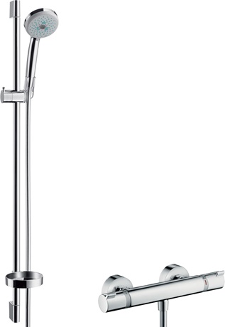 Hansgrohe Brausesystem Aufputz Croma 100 Multi mit Ecostat Comfort Thermostat und Brausestange 900mm, Chrom 27085000