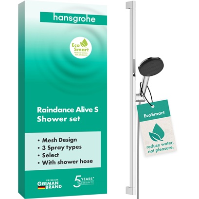 Hansgrohe Brauseset Raindance Alive Select S 125 3jet EcoSmart mit Brausestange Unica E Puro 900mm und Easy Slide Brausehalter, Chrom 24601000