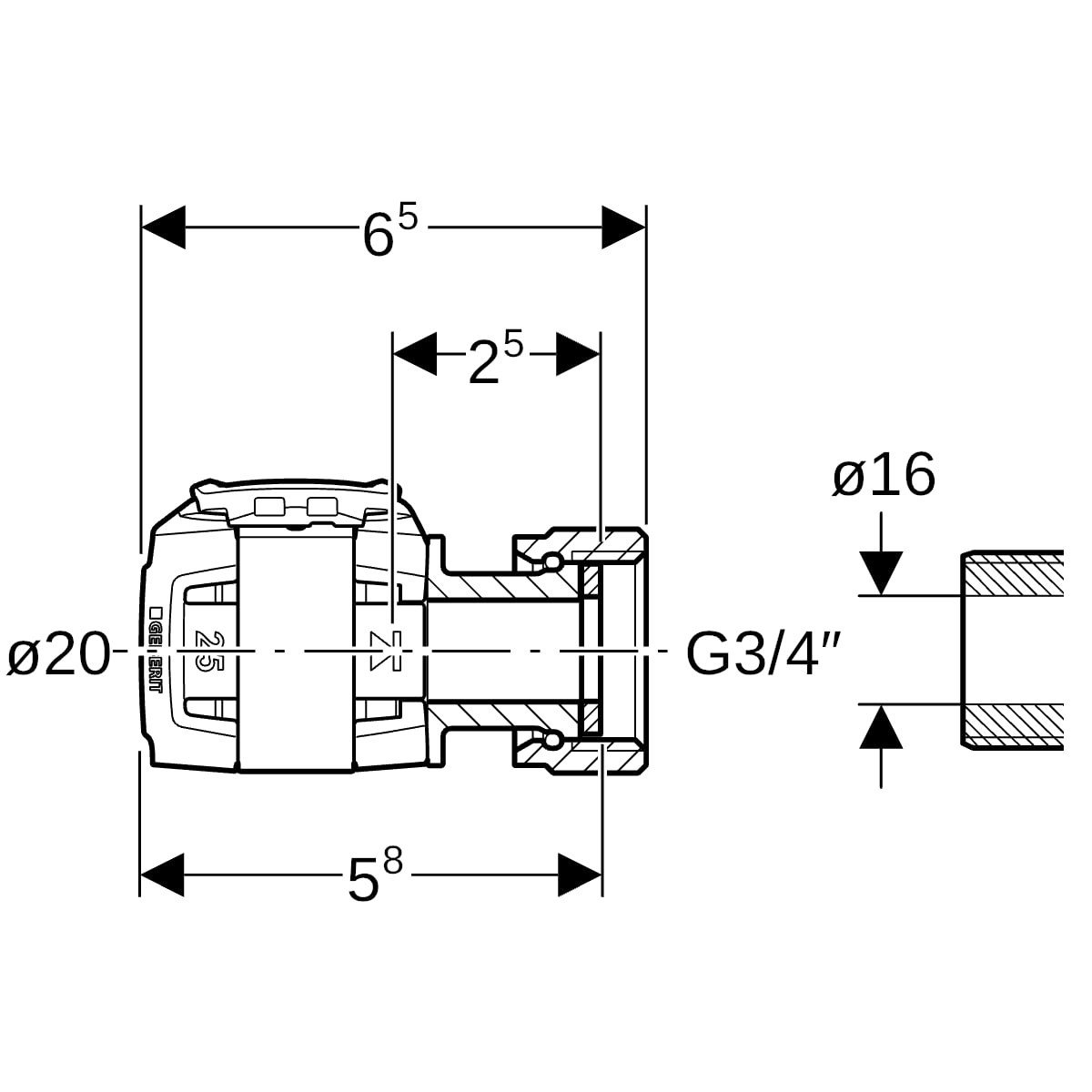Geberit FlowFit Übergang mit Überwurfmutter SiBr d20-G3/4 620.641.00.1