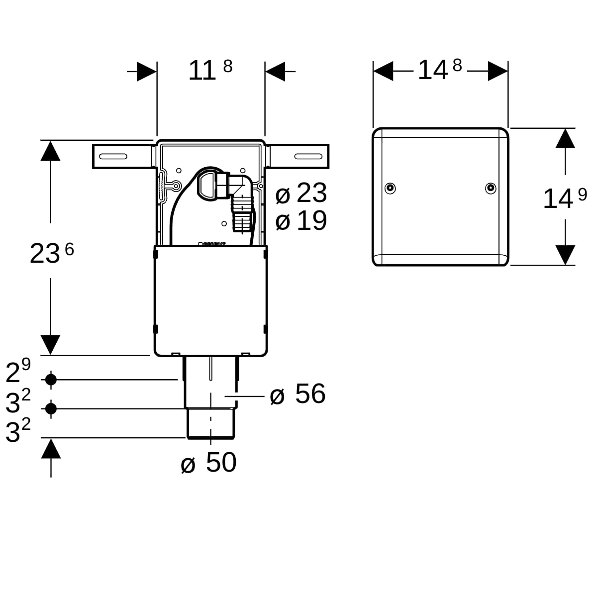 Geberit UP-Geruchsverschluss mit Anschluss Wandeinbaukasten und Abdeckplatte d50-56 152.232.00.1