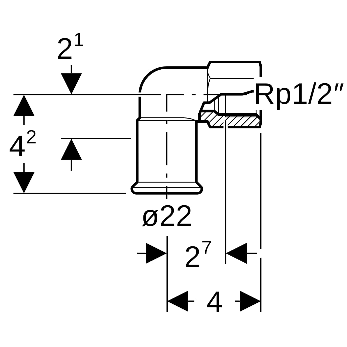 Geberit Mapress C-Stahl Übergangswinkel 90 Grad mit IG d22-Rp1/2 verzinkt 21659
