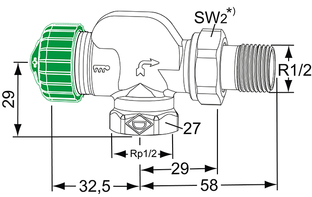 Heimeier Thermostat-Ventilunterteil Eclipse 300, DN15 Axialform 3950-02.000