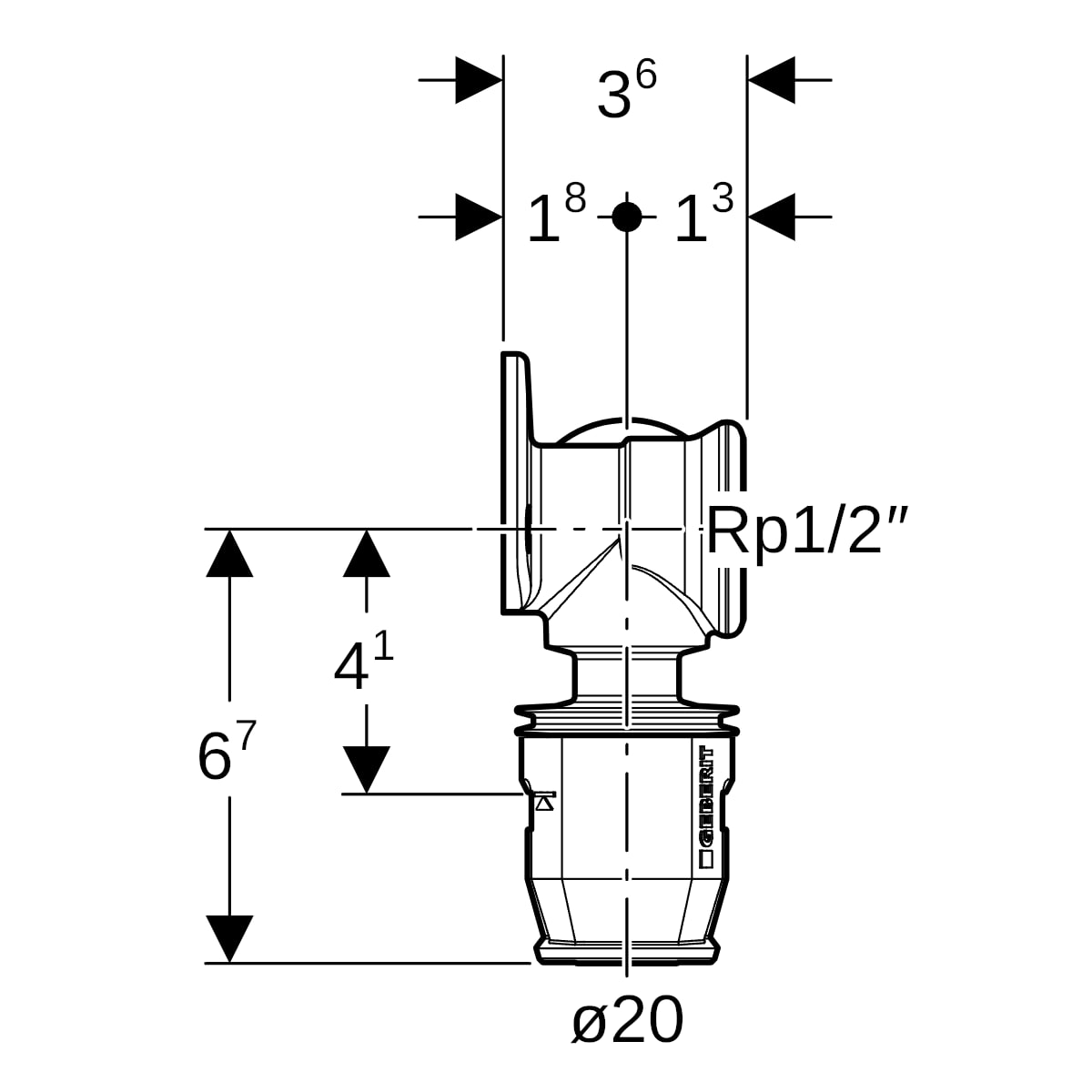 Geberit PushFit Eckanschlusswinkel 90 Grad Messing d20-Rp1/2-20 L:36mm 651.295.00.1