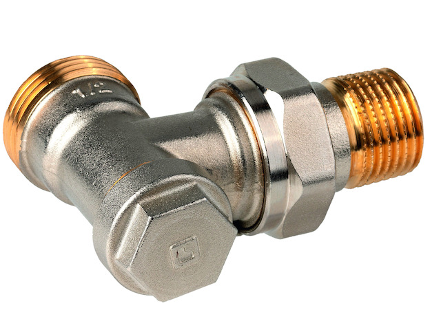 Resideo Rücklaufverschraubung, regelbar, Verafix-E, Eck, DN15, AG 3/4", vernickelt V2427E0015