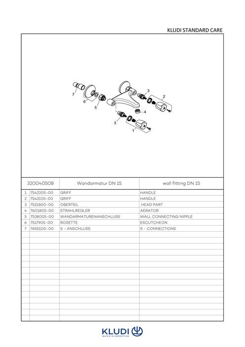 Kludi STANDARD CARE Wandarmatur DN15 Griff Terralux Ausladung 180mm chrom 320040508